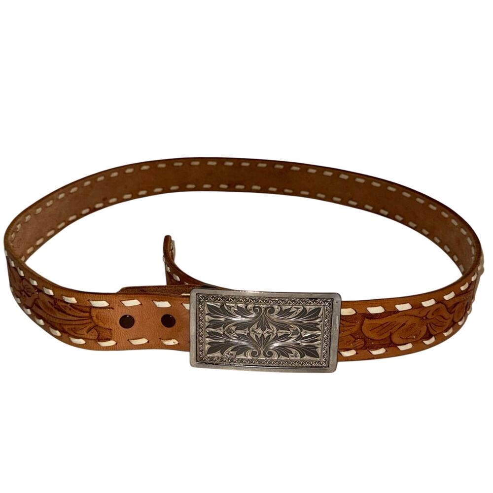 VINTAGE tooled tan leather western cowgirl rodeo belt w silver belt buckle 44 in